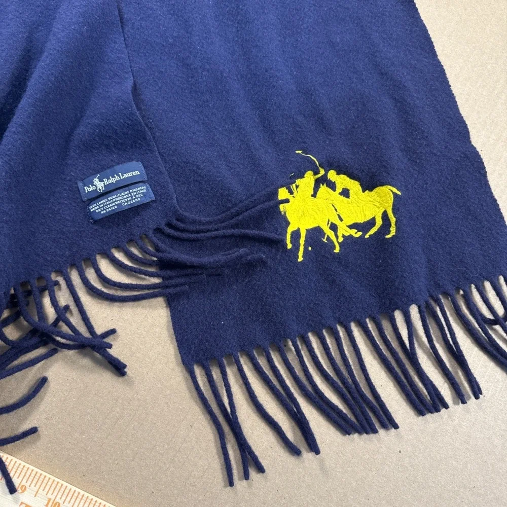 Polo Ralph Lauren 100% Lambswool Scarf‎ Navy Fringe Yellow 2 Pony Logo 60